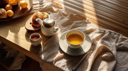 Top view of english breakfast on wooden table, natural light. Generative AI