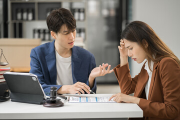 Lawyer comforts his clients with legal advice and serious stress trust commitment for justice issues and lawyer concepts.