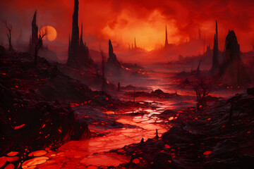Fantasy landscape with the red of Acid rain planet Venus. 3d illustration. Generative AI