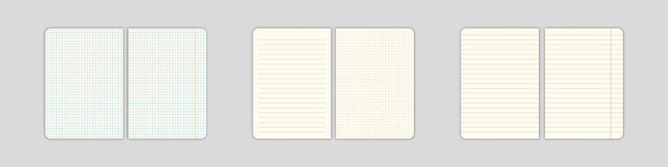 Blank paper sheet mockup. Empty page isolated on white background. Paper vector set. Notebook sheet. - obrazy, fototapety, plakaty