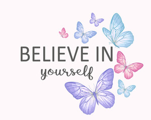 set of butterflies with watercolor and positive slogan