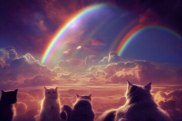 Dogs and cats live eternally in heavenly paradise by rainbow bridge, ethereal clouds, and sunbeams in beautiful fairy garden. Dogs and cats live in eternal Eden in this concept of pet life after death