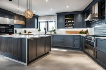 General view of luxury kitchen with countertop and kitchen equipment - Powered by Adobe