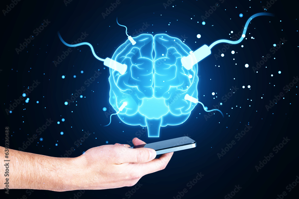 Poster close up of man hand using tablet with glowing connected brain hologram on blurry blue background. a