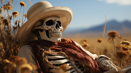 Farmer skeleton with straw hat in middle of meadow and flowers