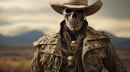 Skeleton cowboy with hat and desert background