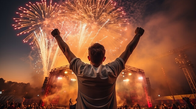 Young man at a summer music festival. Joyful fun. Stage performance with lights fireworks and crowd