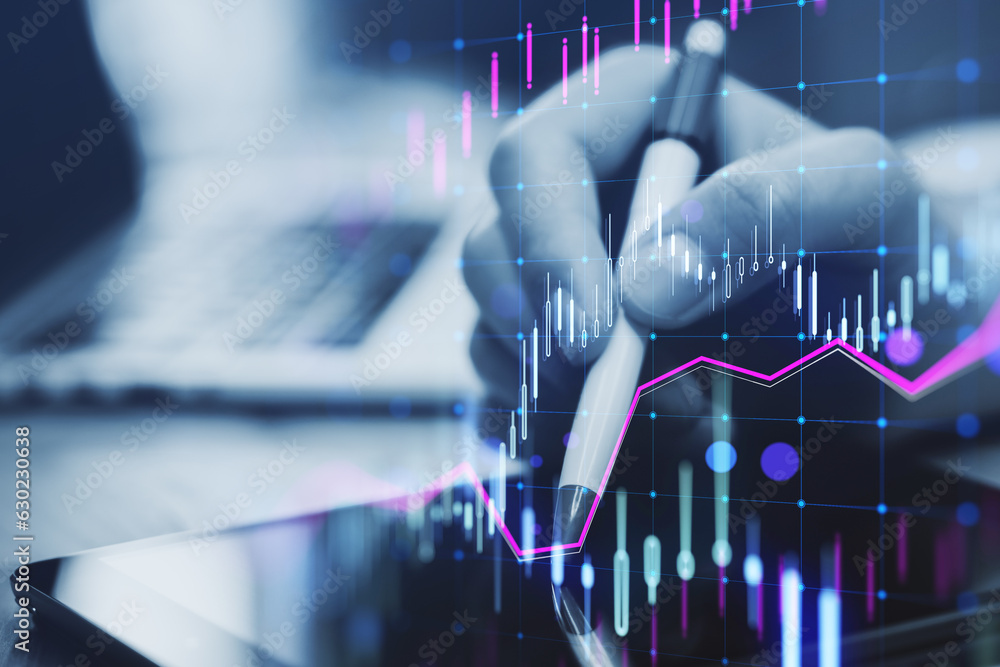 Poster close up of male hands using laptop keyboard at workplace with glowing candlestick forex chart on bl