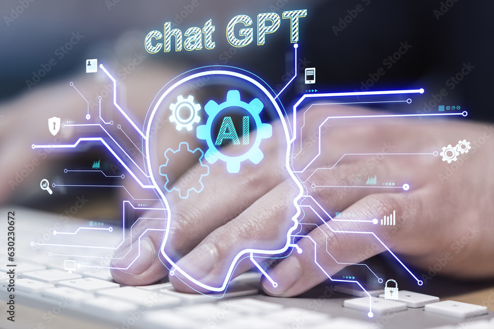 Aufkleber Close up of male hands using keyboard at office workplace with computer and glowing head outline on blurry background. AI and chart GPT concept. Double exposure.