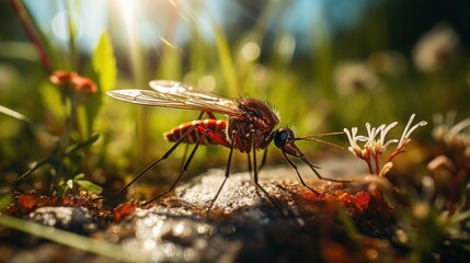 Macro shot of a mosquito in its natural habitat, bright day.