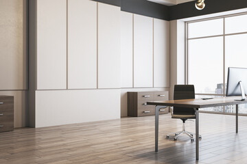Bright office interior with wooden flooring, window, furniture, equipment and daylight. 3D Rendering.