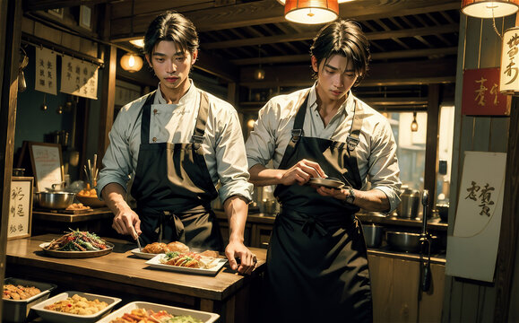 Handsome asian boy works in japanese street kitchen Handsome asian boy making street food in japan