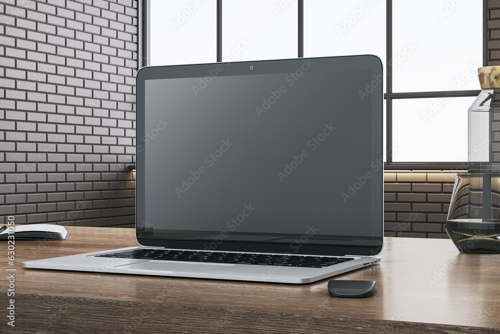 Poster Close up of wooden designer office desk with empty computer, supplies and other objects. Blurry brick wall and window with city view in the background. Mock up, 3D Rendering.