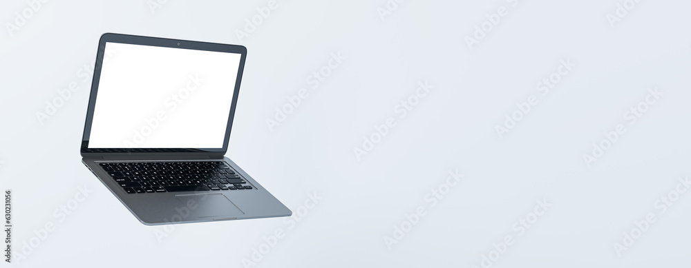 Poster empty laptop screen on light wide backdrop. technology, mock up place and webinar advertisement conc