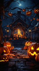 Cute halloween pumpkins, witch, moon, graveyard