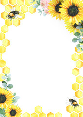 Watercolor floral honey bee border