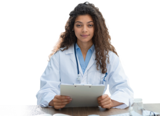 Pretty woman doctor therapist talking to web camera consulting virtual patient online by video conference call chat on a transparent background