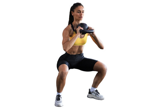 Sport woman with kettlebell on a transparent background