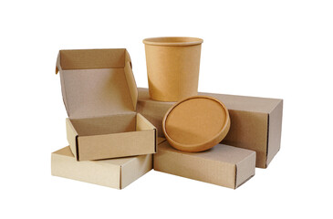 Group or set of  opened and closed cardboard box packaging in rectangle and round shape , delivery package concept