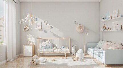 minimalist kids room with beige wall interior