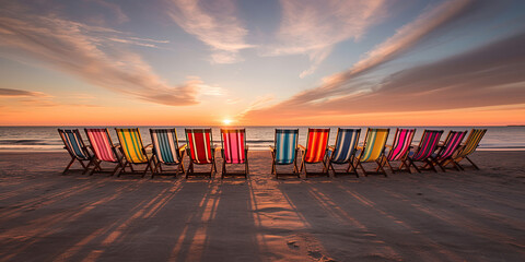 Beach chairs on the beach during sunset. Row of colorful beach chairs illuminated by the warm light of the sunset. Made with Generative AI.