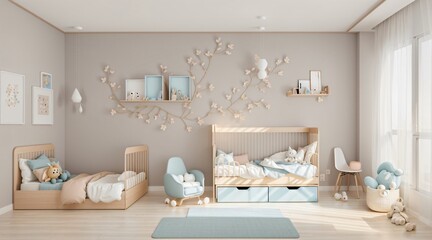 Fototapeta na wymiar minimalist kids room with beige wall interior