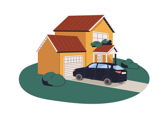 Car parked at house. Outside of home building with closed garage and auto transport. Dwelling, automobile outdoors. Real estate, property. Flat vector illustration isolated on white background