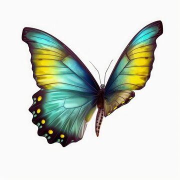 Very beautiful blue yellow green butterfly in flight isolated on a transparent background, Generative AI © Richa