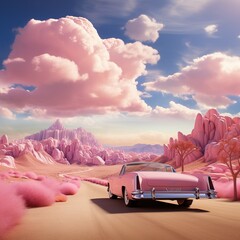 A fictional pink world, a pink retro convertible rides through the desert, among gentle fluffy bushes and sweet mountains. In the blue sky, gently pink clouds and sunny weather. - obrazy, fototapety, plakaty
