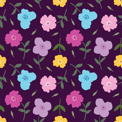 Seamless Pattern of Flower and Leaf Design on Dark Purple Background