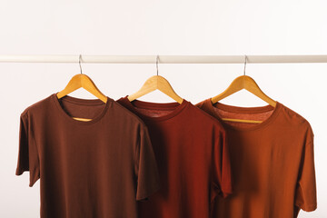 Three brown t shirts on hangers hanging from clothes rail and copy space on white background