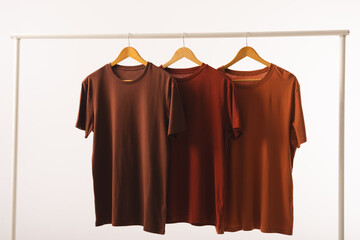 Obraz premium Three brown t shirts on hangers hanging from clothes rail and copy space on white background