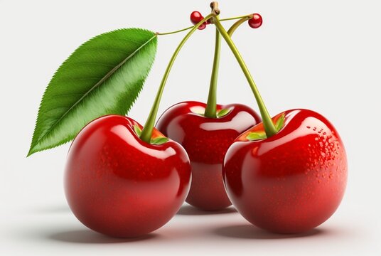 cherries with leaves isolated on white background. generative ai