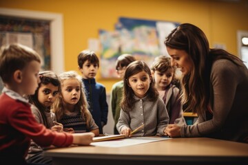 Preschool pupil children learning a nursery rhyme in a class. Generative AI