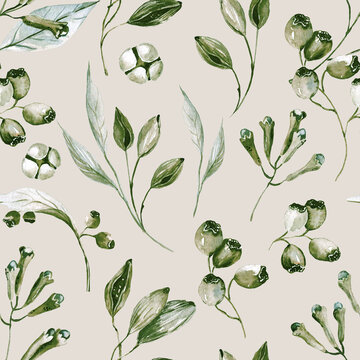 Boho flowers watercolor seamless paper for fabric, Dried Floral repeat pattern, Beige and green floral rustic background