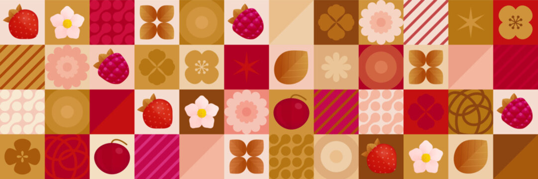 Horizontal banner, pattern or wallpaper with geometric minimal trendy elements and abstract strawberry, raspberry and cherry. Simple modern flat style. Vector illustration