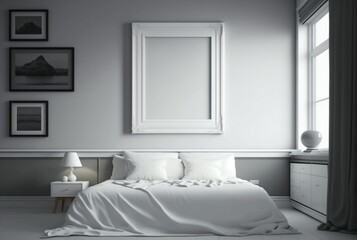 Fototapeta na wymiar White empty frame in bedroom. generative ai