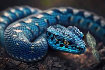 Fototapeta premium close up of the blue viper. generative ai