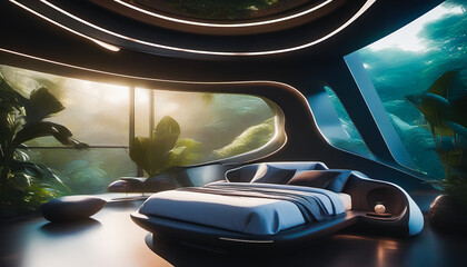 Bedroom interior overgrown with plants: Modern style. Generative AI.