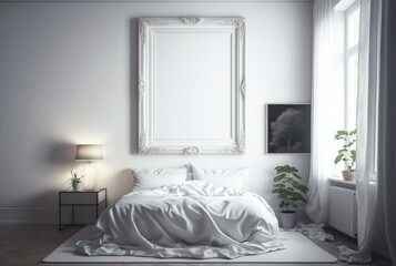 White empty frame in bedroom. generative ai