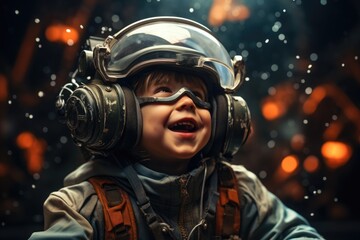 A boy wearing VR headset user, surreal world and virtual reality, colorful flowers fields. Generative AI