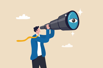 Search for opportunity, business vision, success direction or finding new employee, career future, secret discovery or research concept, businessman look through telescope or binoculars with big eye. - 630235448