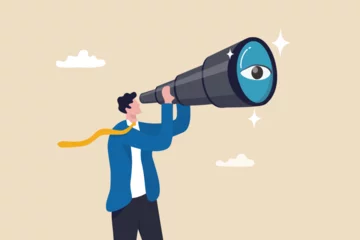 Fotobehang Search for opportunity, business vision, success direction or finding new employee, career future, secret discovery or research concept, businessman look through telescope or binoculars with big eye. © Nuthawut