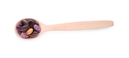 Wooden spoon with dry kidney beans isolated on white, top view