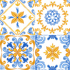 Fototapeta na wymiar Ceramic tile design in blue and yellow colors. Sicilian seamless ornament. Baroque watercolor background. Hand drawn royal ornament. Mediterranean Italian print.