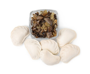 Raw dumplings (varenyky) and cooked mushrooms isolated on white, top view