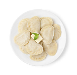 Delicious dumplings (varenyky) with tasty filling and butter isolated on white, top view