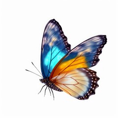 Fototapeta na wymiar Very beautiful blue yellow orange butterfly in flight isolated on a transparent background, Generative AI