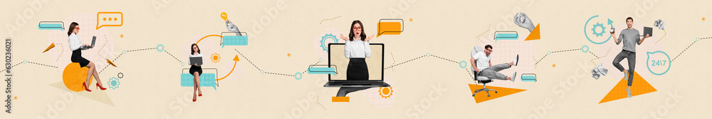 Poster collage picture configuration workers use gadget laptop technical support clients customers answer e