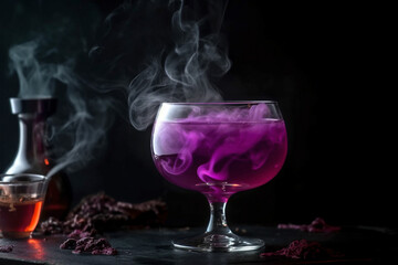 Purple Halloween party cocktail with smoke on dark background